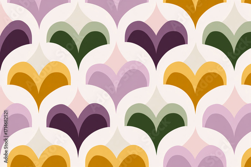 mid century modern geometric pattern with diamonds and arches in dusty lavender warm mustard and deep green palette minimal retro illustration isolated on pale background