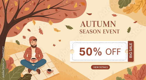 Autumn season event promotion featuring a man enjoying a picnic under a tree with discount coupon.
