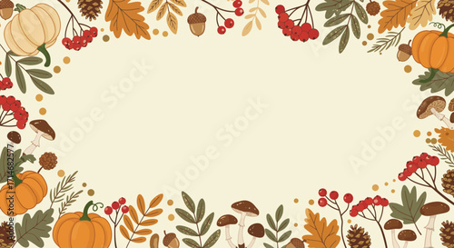 A festive autumn border frame adorned with pumpkins, colorful leaves, berries, acorns, and mushrooms, evoking a harvest season theme.