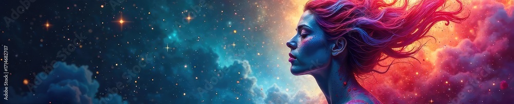 Fototapeta premium A celestial being, adorned with vibrant paint and surrounded by swirling nebulae, embodies artistic creation and divine inspiration , power, vibrant, surreal