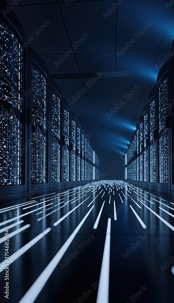 Obraz premium Data center hall with rows of servers Streaks of light illuminate the floor