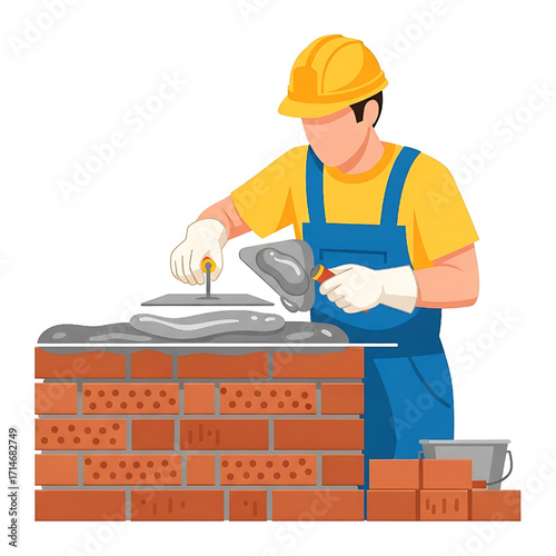 Bricklayer Building Wall with Bricks and Mortar Construction Worker Vector Illustration
