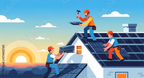 Roofing workers installing new roof tiles on a house at sunset, construction illustration