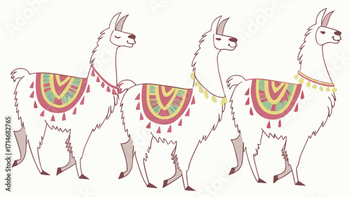Three stylized llamas wearing colorful blankets and necklaces