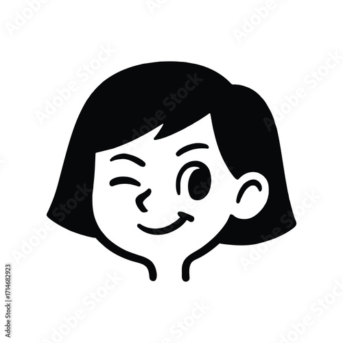 A cartoon image showing a young girl with short dark hair winking with a cheerful and playful expression