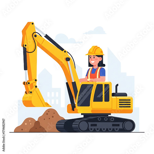 Female Construction Worker Operating Excavator, Engineering and Building Project