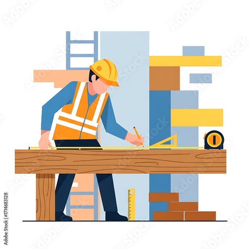 Construction worker drawing on wooden beam with tools and safety gear illustration