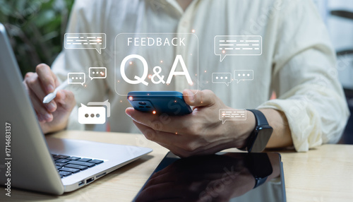 Businessman clicking FAQ button on digital platform, representing questions and answers, communication, information sharing, and customer support for business solutions