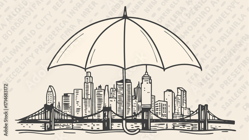 Cityscape illustration featuring a skyline with bridges and buildings under a protective umbrella cover