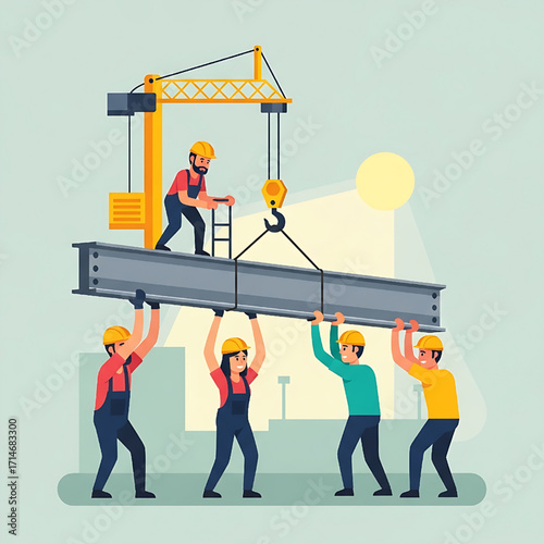 Construction workers lifting steel beam with crane on building site flat illustration