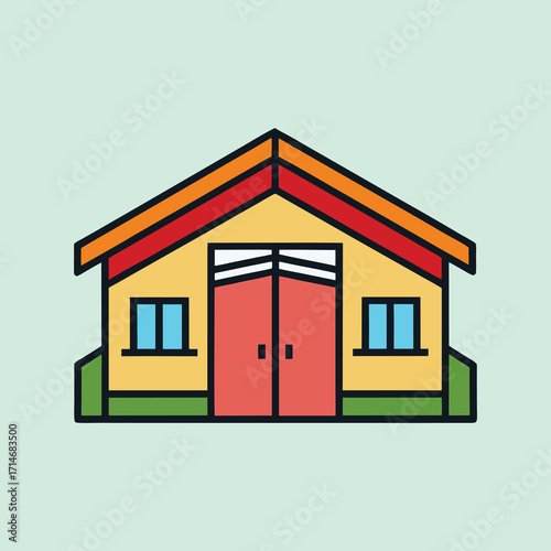 Stylized cartoon barn icon with colorful design on a green background
