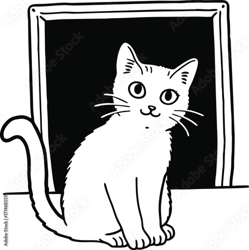 Cat Contemplating the world: a minimalist and endearing illustration of a white cat perching near the window, its eyes filled with curiosity, reflecting on the vastness of the outside world.
