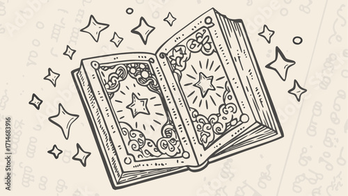 Open book with star designs and swirling patterns surrounded by floating stars on a textured background