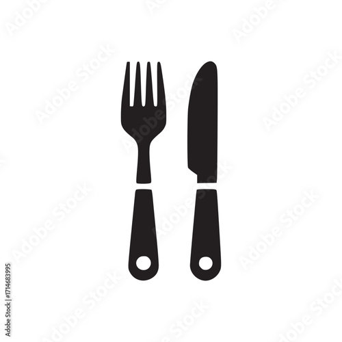 Vector art of fork and knife icon symbol of restaurant, cafe, dining, cooking, food, kitchen, eating, utensil, silverware, cutlery, dinner, lunch, breakfast, meal, table, service, equipment, tool, obj