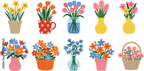 Colorful flower arrangements in decorative pots, vases, and baskets, spring floral design, blooming bouquet collection, vector illustration, isolated on white background