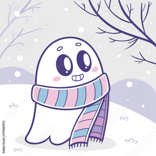 Cute ghost wearing a striped scarf enjoys a snowy landscape
