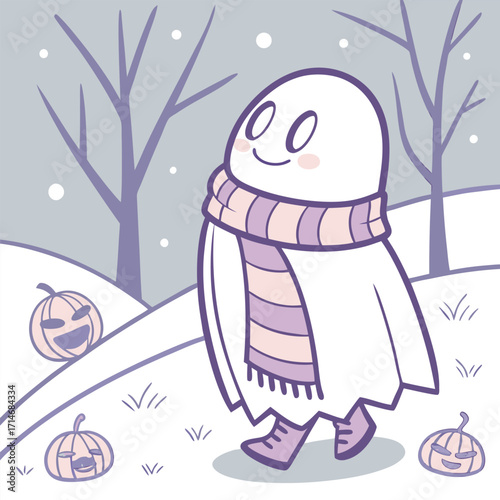 Cute ghost wearing a scarf and boots strolls through a snowy Halloween landscape