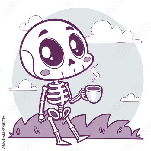 Cute cartoon skeleton enjoying a hot beverage outdoors on a cloudy day