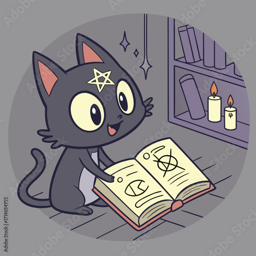 Cute black cat reading a spell book in a magical library