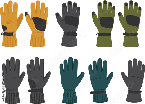 Winter gloves vector set, colorful ski gloves illustration, outdoor gear collection, cold weather accessories, handwear design for hiking, snowboarding, trekking