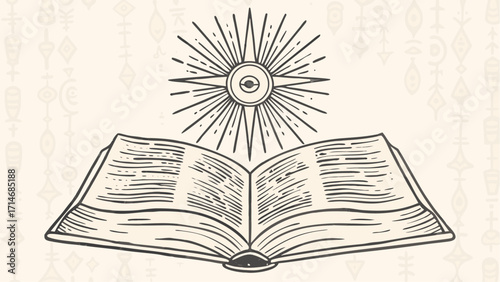 Open book illustration with radiating eye symbol above it in a vintage style drawing on a patterned background