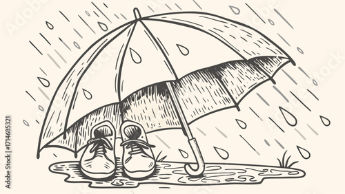 A sketchy illustration of shoes under an umbrella in the rain with visible raindrops and a puddle drawn