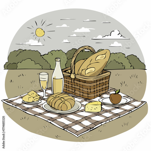 a picnic spread of crusty bread, cheese wheels, and apple slices on a plaid blanket