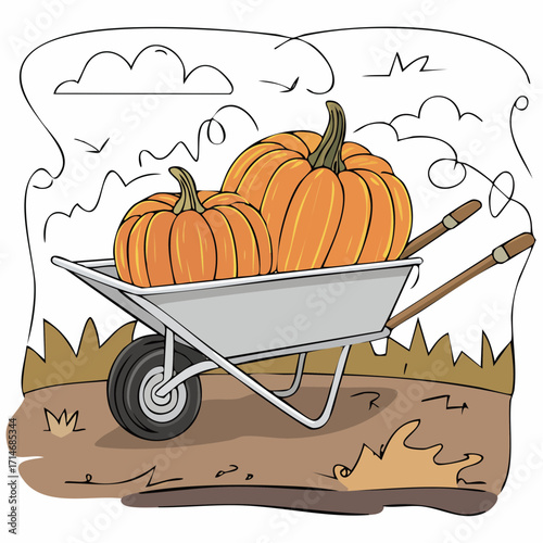 a wheelbarrow brimming with pumpkins and gourds, charcoal crosshatching with a torn-paper collage border 