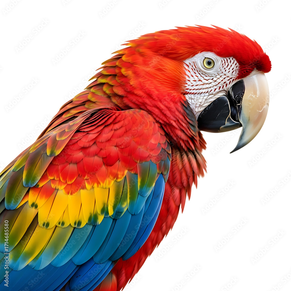 Obraz premium A vibrant scarlet macaw displays its stunning plumage, its red, yellow, and blue feathers creating a striking contrast against its white face and powerful beak isolated on transparent background