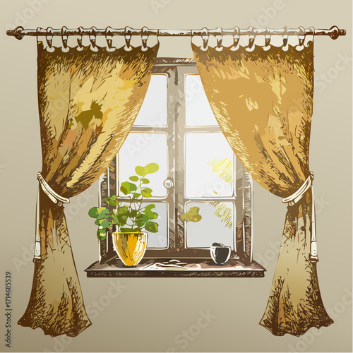 a sunlit kitchen window draped with linen curtains, bold charcoal strokes with photo-etch overlay on curtain rings