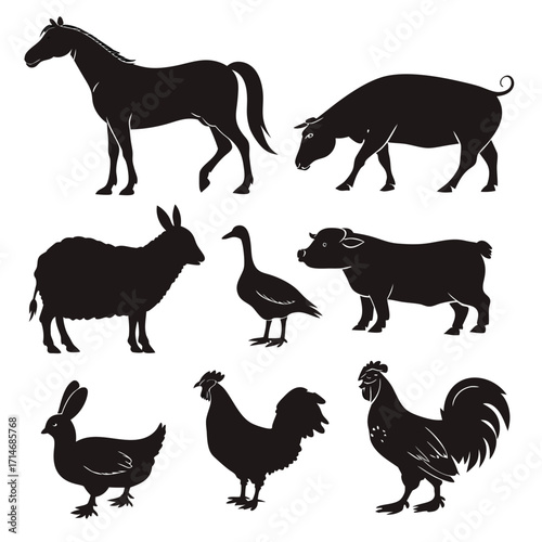 Silhouettes of farm animals horse pig sheep goat goose chicken rabbit