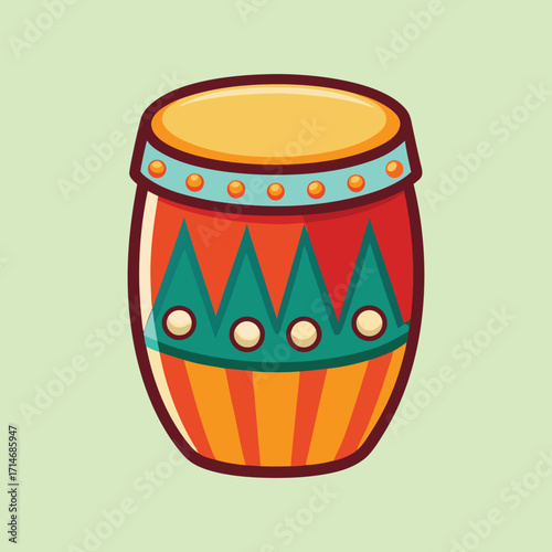 Stylized cartoon illustration of a colorful drum on a green background