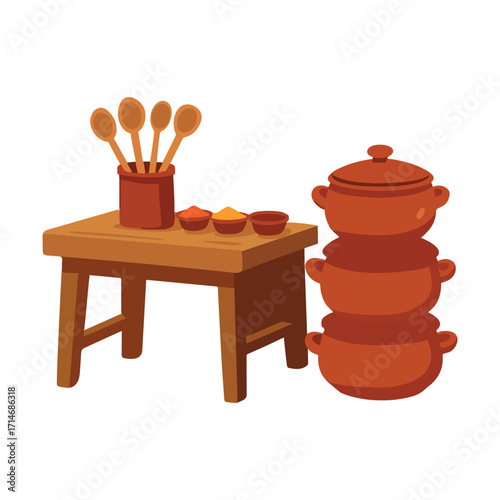 Heritage cooking station rustic clay pots isolated on white background