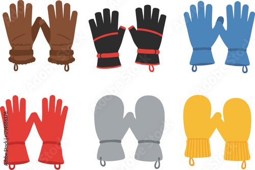 Winter gloves and mittens collection, warm insulated handwear, colorful cold weather gloves, fingerless and full-finger gloves, cozy seasonal accessories vector set