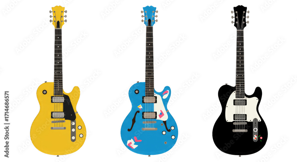 Naklejka premium Illustration set of electric guitars in flat design style, PNG background.