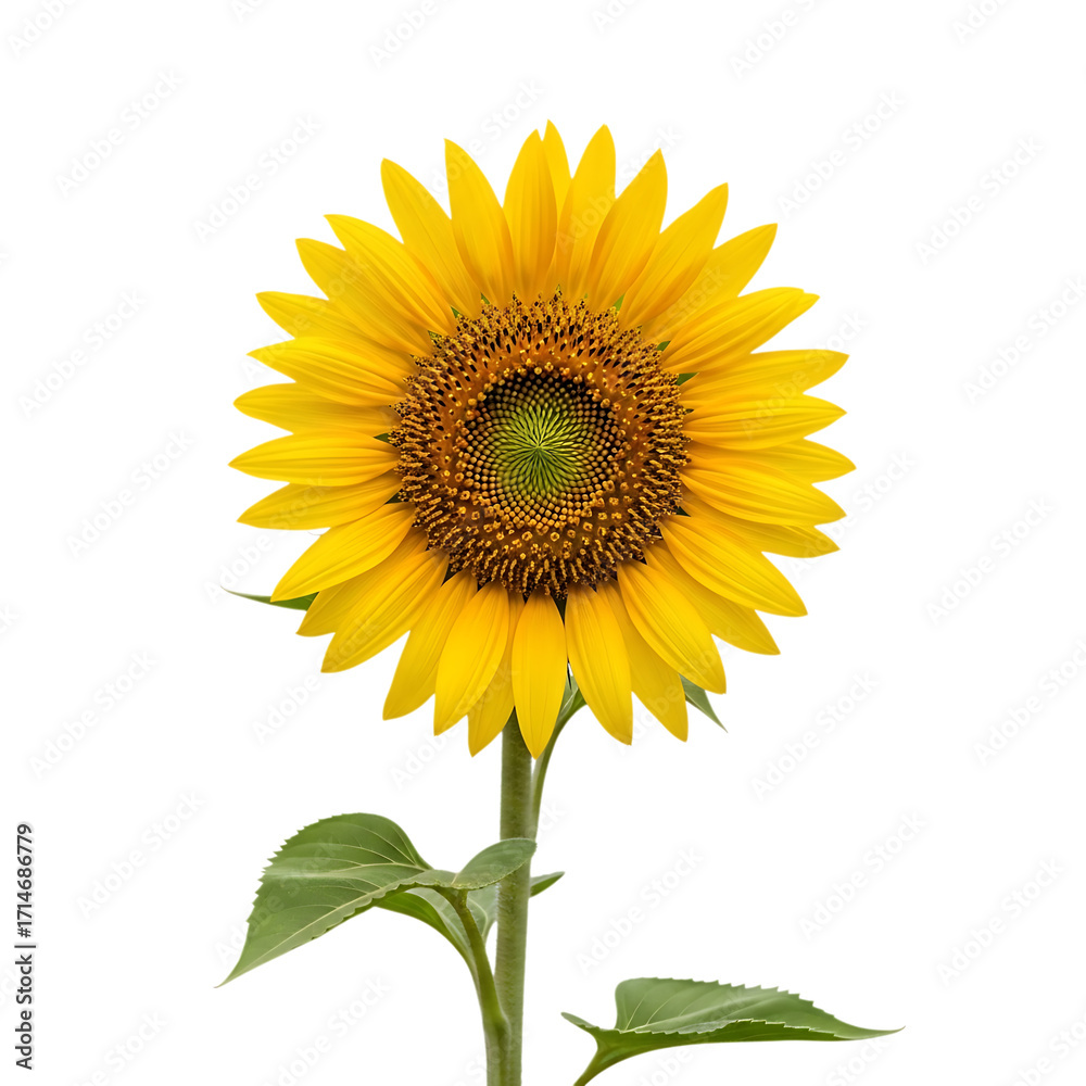 Fototapeta premium A vibrant sunflower isolated on transparent background, showcasing its bright yellow petals and dark center, symbolizing warmth, happiness, and longevity, perfect for summer themes, floral designs, an