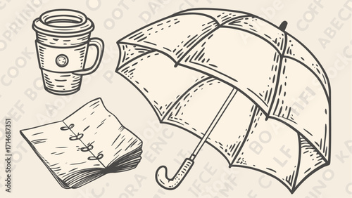 Illustration featuring a coffee cup with sleeve, an open notebook, and a closed umbrella in line art
