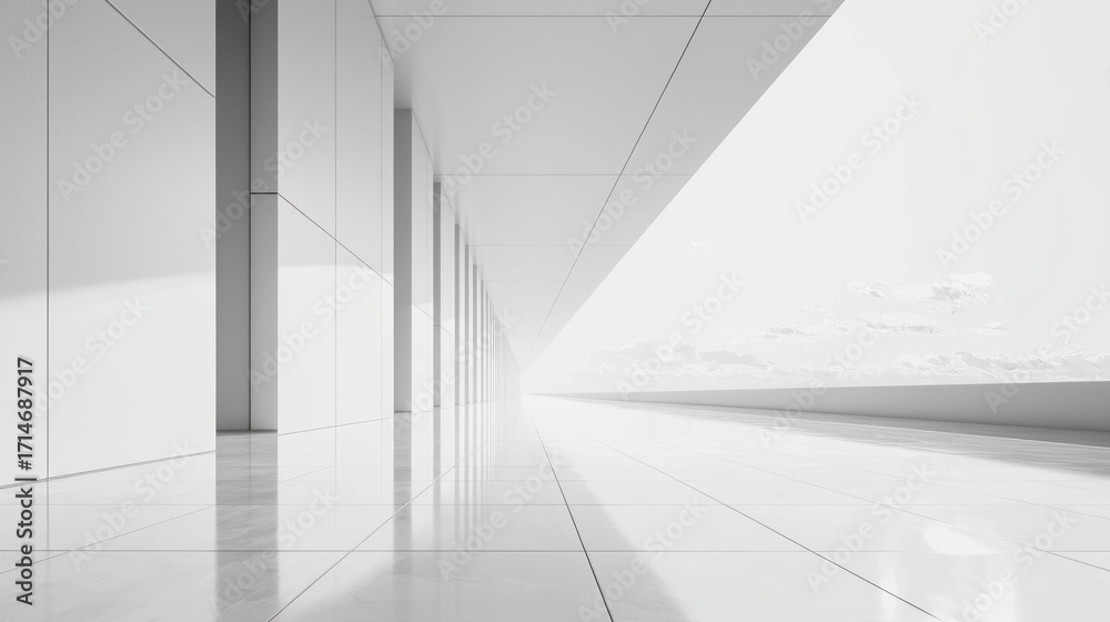 Fototapeta premium A white corridor with a glass wall on the right side, featuring a modern architectural design.