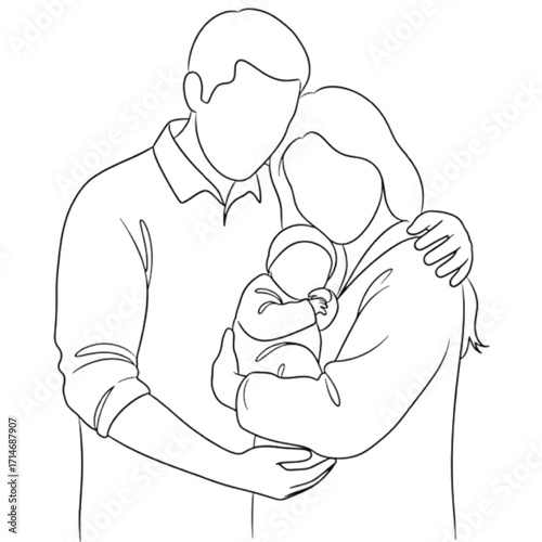 Minimalist Line Drawing of Family with Baby on White Background parents newborn