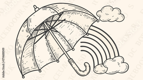 Illustration of an umbrella with a rainbow and clouds in a vintage style drawing on a light background