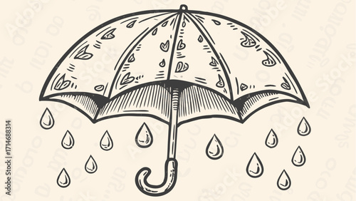 Illustration of a vintage umbrella with heart and leaf designs and raindrops falling down around it