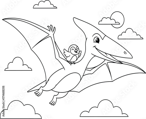 Friendly Cartoon Pterodactyl Flying with a Small Bird in the Sky - Fun Coloring Book Page for Kids and Aviation Fans