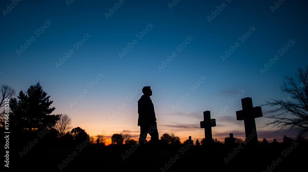 Fototapeta premium A lone mourner standing by a grave at twilight, with an expression of quiet contemplation