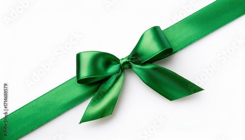 Green Gift Ribbon And Bow Diagonal Isolated White Background Photo
