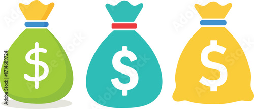Money Bags with Dollar Signs in Green, Teal, and Yellow-Finance Icon Vector Illustration