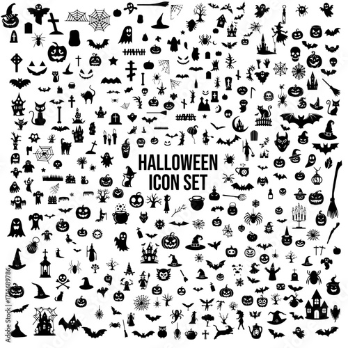 Huge Halloween Icon Set — Hundreds of Black Silhouette Icons: Pumpkins & Jack-o’-lanterns, Ghosts, Witches, Bats, Haunted Houses, Spiders, Skulls, Cats & Cauldrons — Party, Seasonal & Design Elements