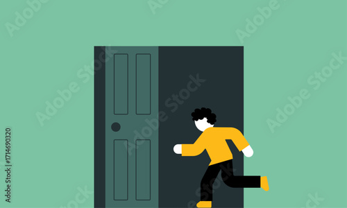 A person exiting room by door illustration