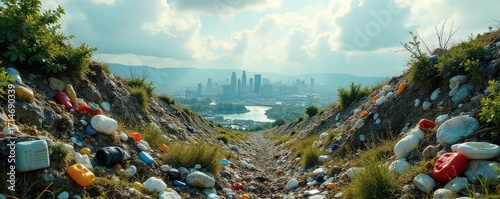 A desolate cityscape choked by mountains of discarded plastic, overgrown with weeds, symbolizing environmental neglect and the grim consequences of unchecked waste , grim, debris field