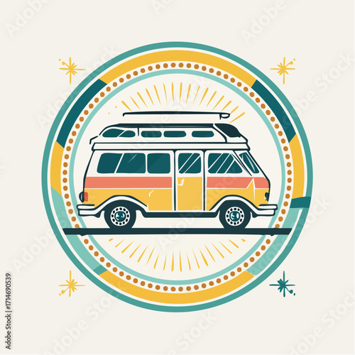 Retro Style Camper Van with Surfboard on the Roof, Parked at the Beachside Under Sunset Sky, Summer Vacation Concept