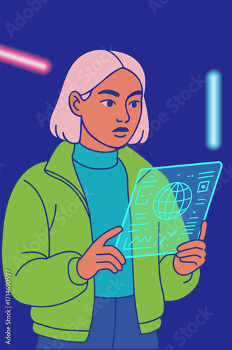 Futuristic Girl with Holographic Tablet